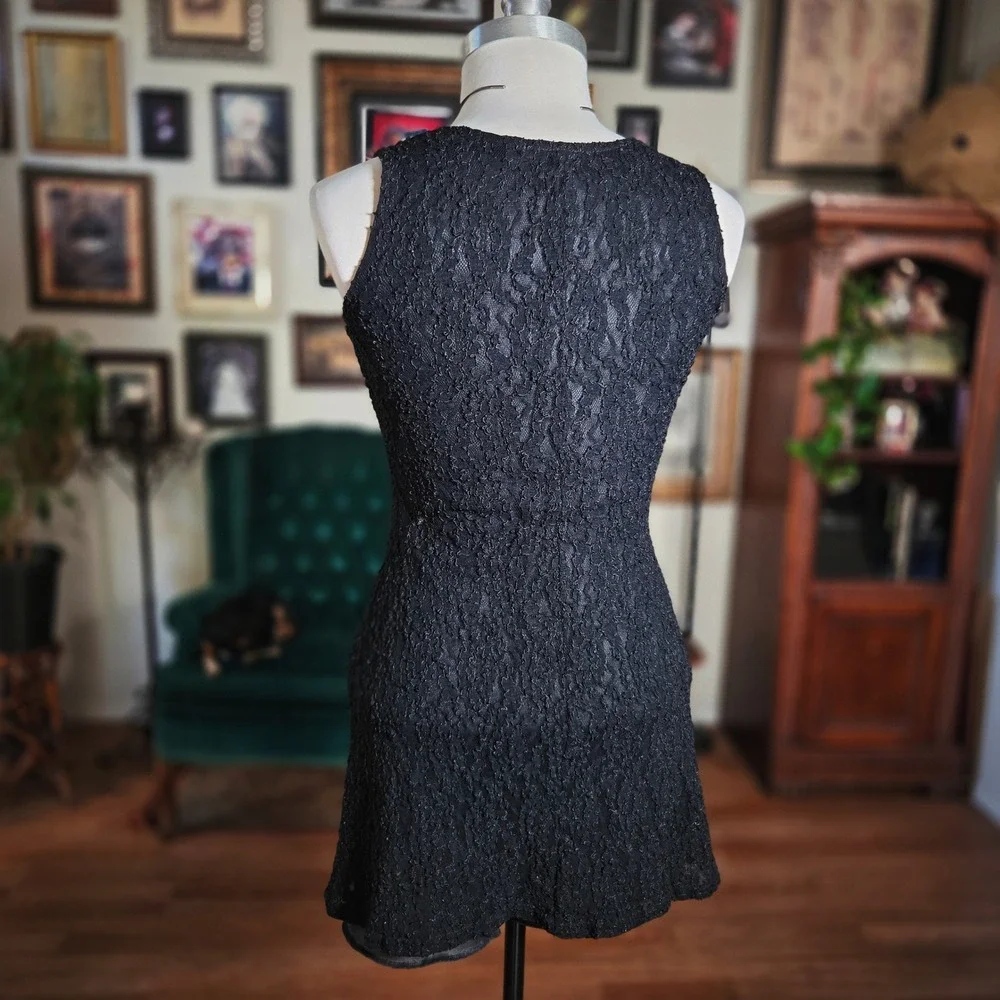 Vintage 80s Black Lace Square Neck Sleeveless‎ Mini Dress Flirty Party